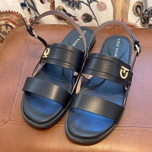 Cole Haan Black Leather Double-Strap Slingback Sandals with Gold Accent